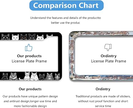 Black Cat License Plate Frame Cute Cat White Cat License Plate Frames Personalise Stainless Steel Auto Parts Funny License Plate Frames Decoration with Screws Size for Men Women 12.2x6.2 2Pcs