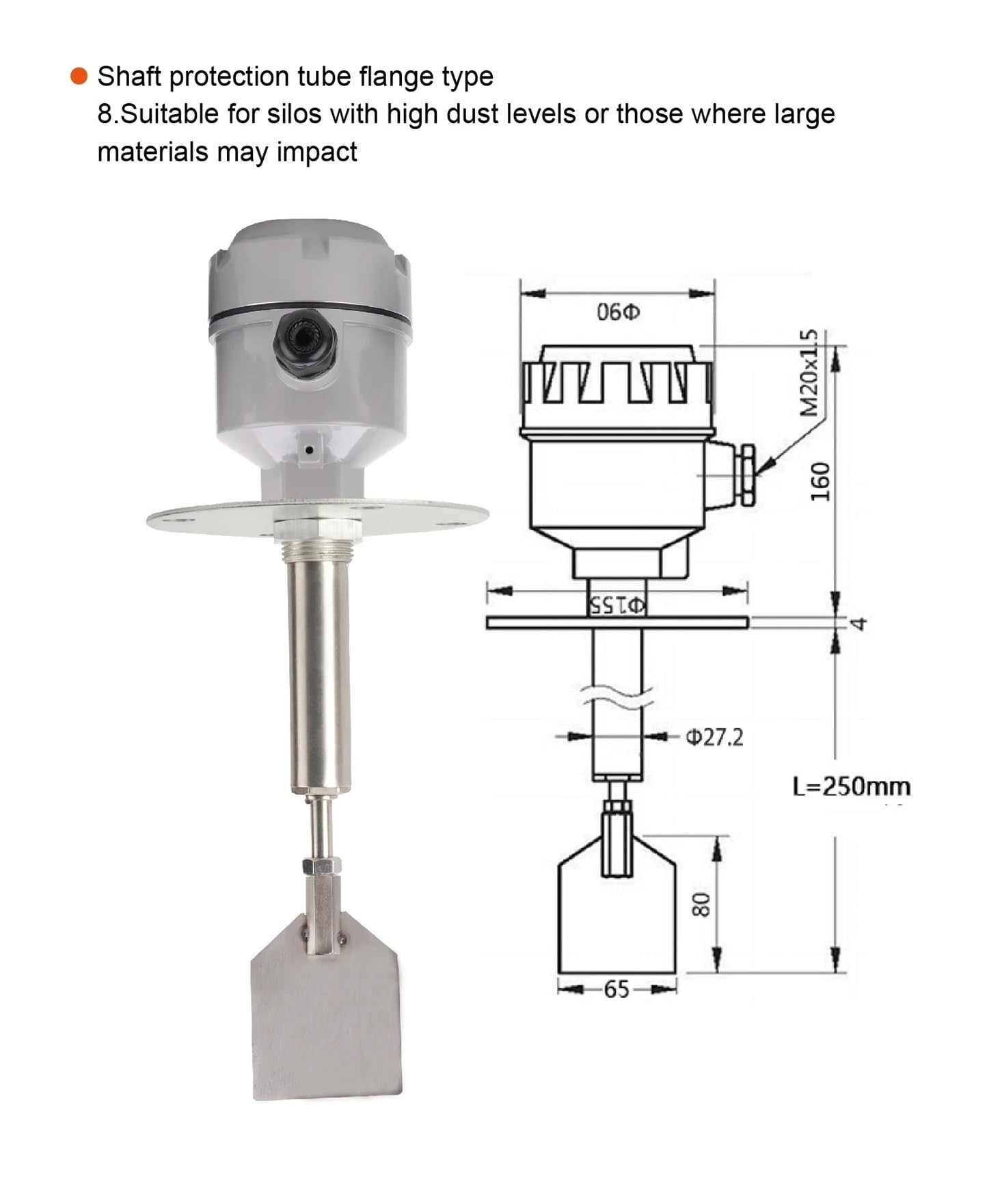 Drehpaddel-Füllstandschalter – 24 V, 110 V, 220 V, Pulvertrichter, Silobehälter-Sensor for Feststoff-Massenanzeige(Flange Type DC24V)