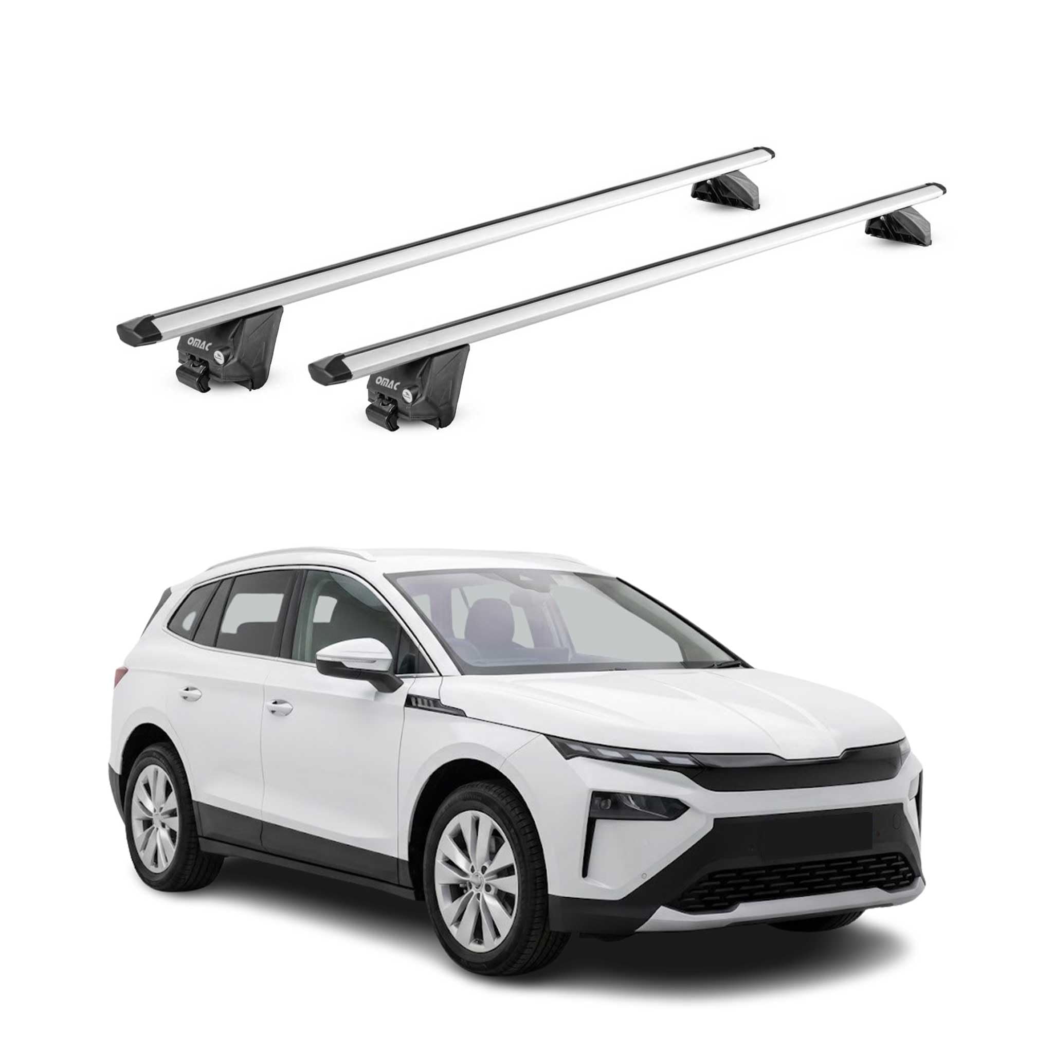 OMAC Barres de Toit Aluminium certifiées TÜV pour Skoda Elroq 2024-2026 – pour Rails de Toit intégrés – Rainure en T – Charge Max 100 kg – 2 antivols Argent