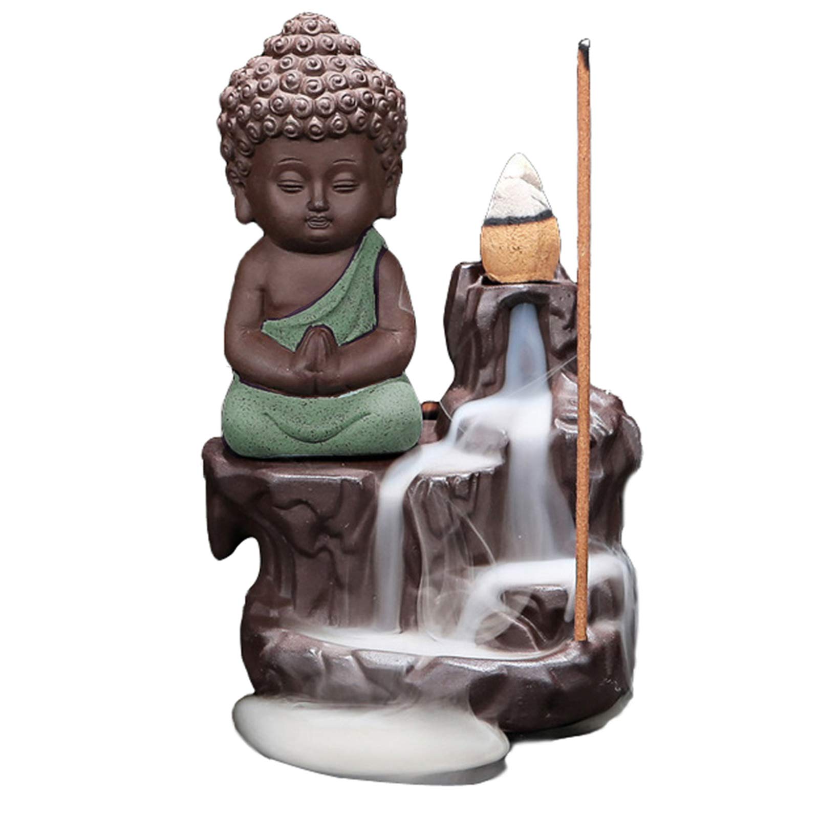 YYW Backflow Incense Burner Tower Cones Sticks Holder Ceramic Porcelain Buddha Monk Ash Catcher, Backflow Incense Holder with 10 Backflow Incense Cones (Green)