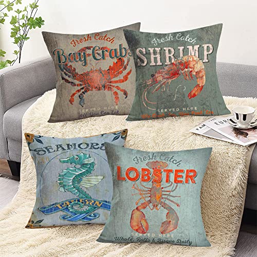 Doitely Rustic Ocean Animal Throw Pillow Cover Sea Theme Fresh Catch Bay Crabs Shrimp Lobster Seahorse Home Decorative Throw Pillow Case Cushion Cover For Couch Sofa Bed, Set Of 4 (Oc, 18" X 18") #TOP2