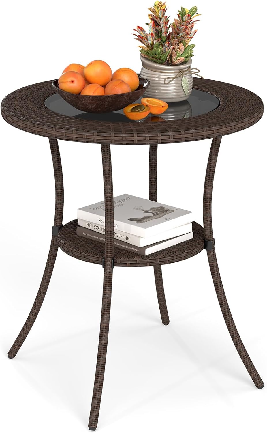 Tangkula 25 inch Patio Wicker Coffee Table Outdoor Backyard Lawn Balcony Pool Round Tempered Glass Top Rattan Steel Frame Side Table Furniture W/Storage Shelf, Brown