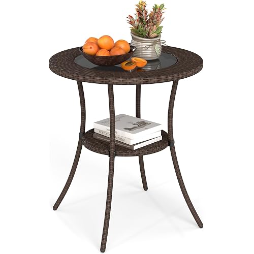 Tangkula 25 inch Patio Wicker Coffee Table Outdoor Backyard Lawn Balcony Pool Round Tempered Glass Top Rattan Steel Frame Side Table Furniture W/Storage Shelf, Brown
