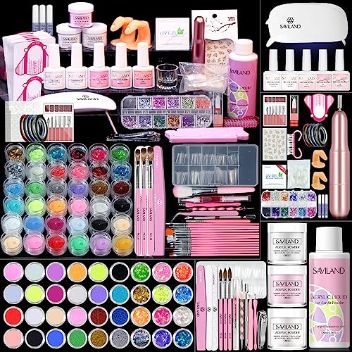 Saviland Acrylic Nail Starter Kit: Clear Pink Nude | Acrylic Powder & Liquid, Brush, Files, Forms, Press On Nails, Home Practice Set