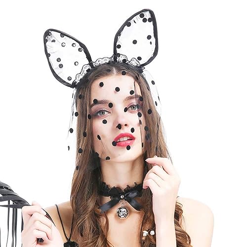Miniatura 3 de Diadema de encaje negro con velo orejas de conejo negro diadema aro para el pelo para Halloween Cosplay