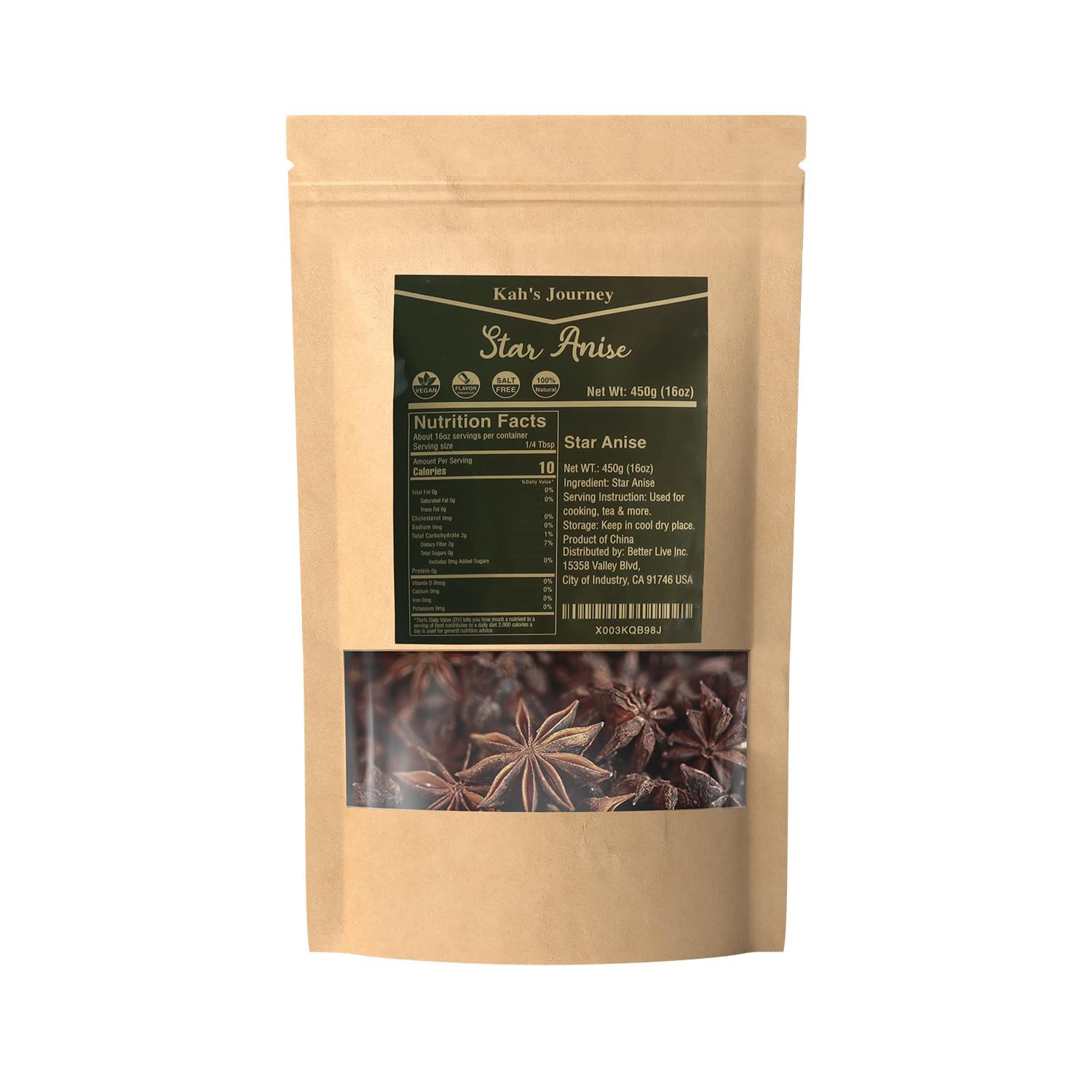 Kah's Journey Star Anise Whole 16 oz for Cooking, Baking, or Brewing Tea, Chinese Star Anise Bulk Bag