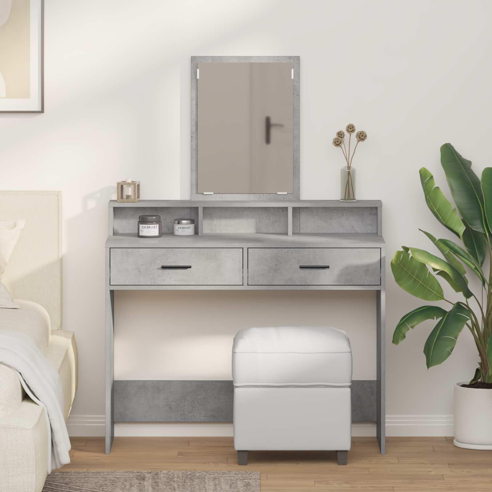 Tocador de hormigón gris de madera 100 x 41 x 140 cm con espejo, 2 cajones y estante para dormitorio, habitación juvenil, habitación de niñas, ahorra espacio y duradero