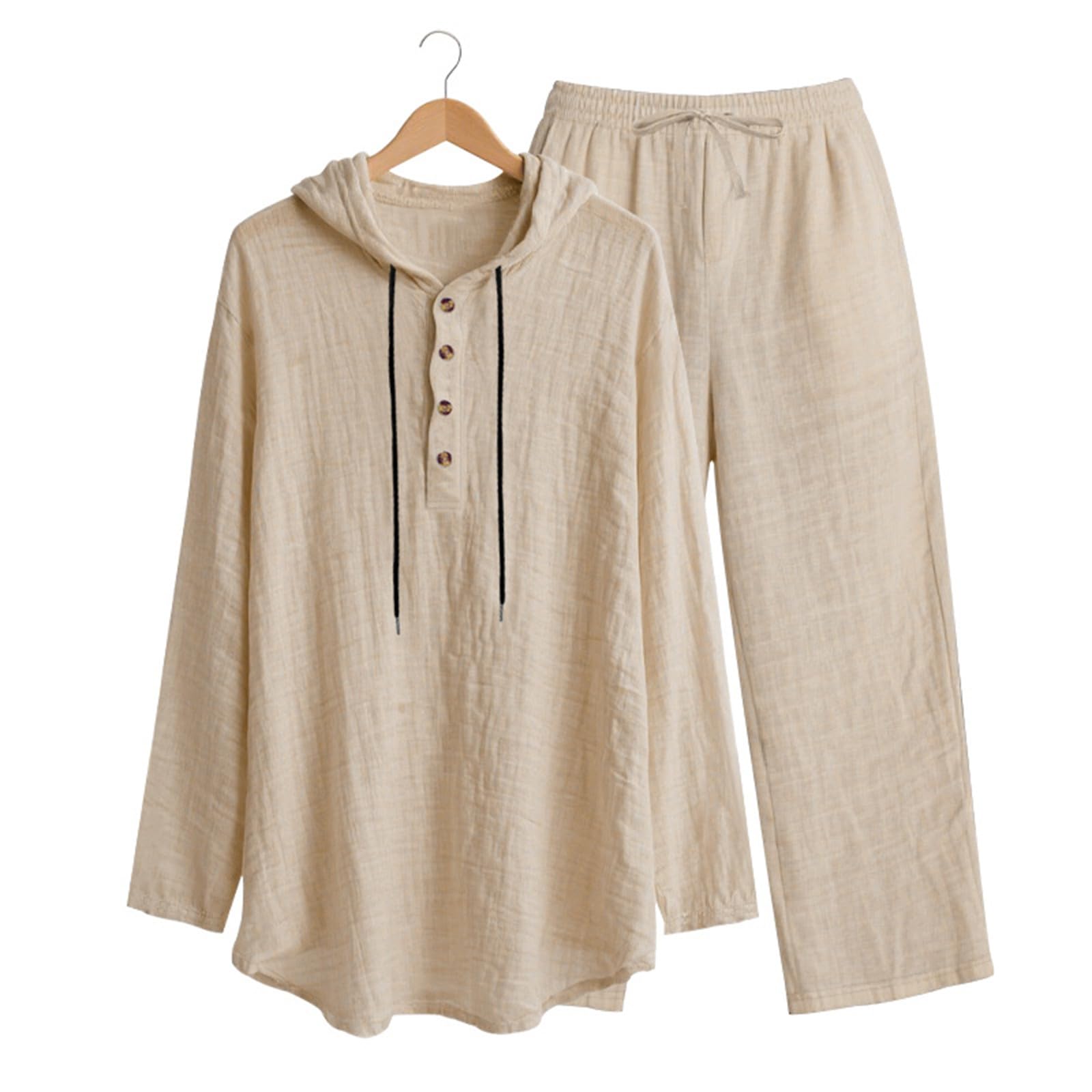 Ensemble Homme 2 Pièces en Lin Printemps Été 2026,T-Shirt À Capuche Et Pantalon Tenues D'Été Manches Longues Ensemble Jogging Homme Chemise Boutonnée Survêtement Ensembles Streetwear Loisirs