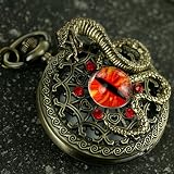 Steampunk Antique Pocket Watch Necklace Victorian Pendant Charm Glass RED Fire Dragon Eye with Snake