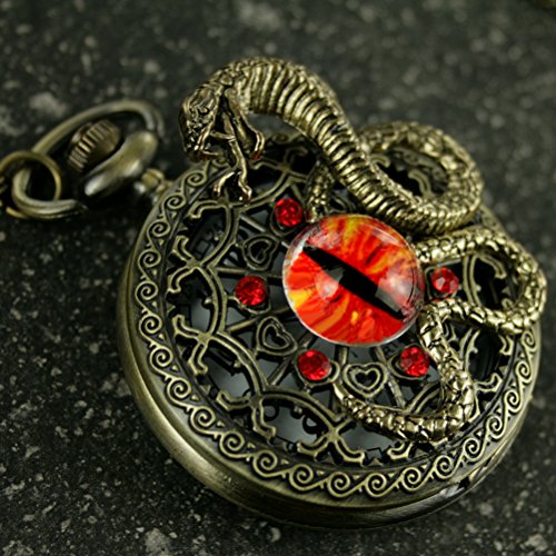 Steampunk Antique Pocket Watch Necklace Victorian Pendant Charm Glass Red Fire Dragon Eye With Snake #TOP1