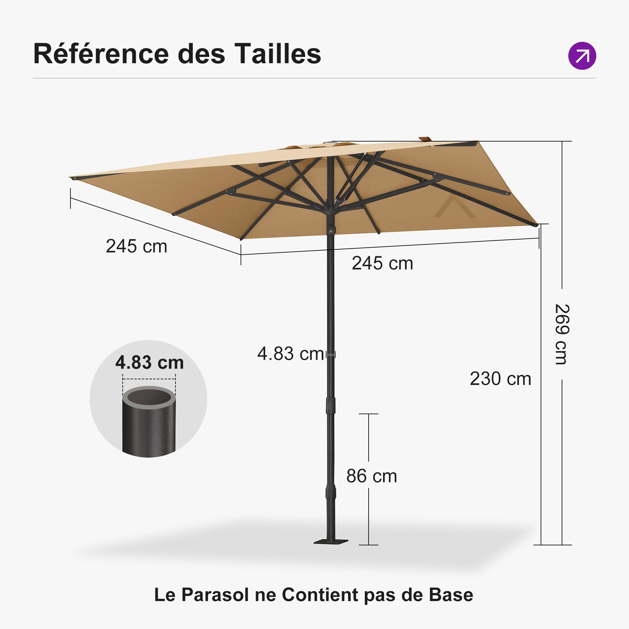 PURPLE LEAF Parasol de Jardin Extérieur 250 x 250 cm Beige Carré Anti-Vent