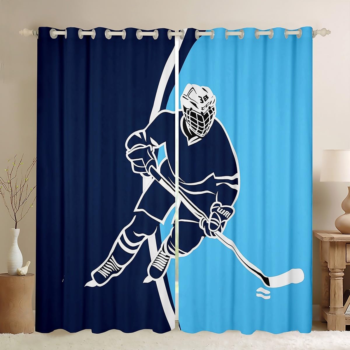 Feelyou Hockey Player Darkening Dreapes Ice Hockey Curtains for Bedroom Living Room Ice Sports Games Blue Blackout Curtains Decor Puck Hockey Window Treatments (2 Panels, 38 x 54 Inch)