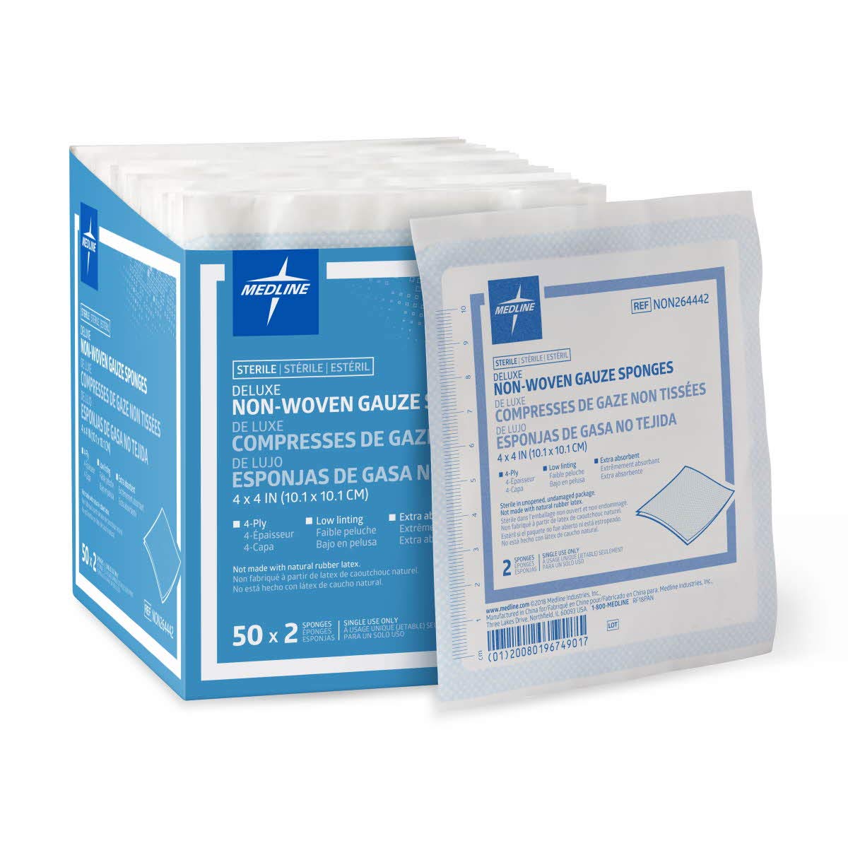 Medline Deluxe Gauze Sponge, Sterile, Nonwoven, Absorbent, Low Linting