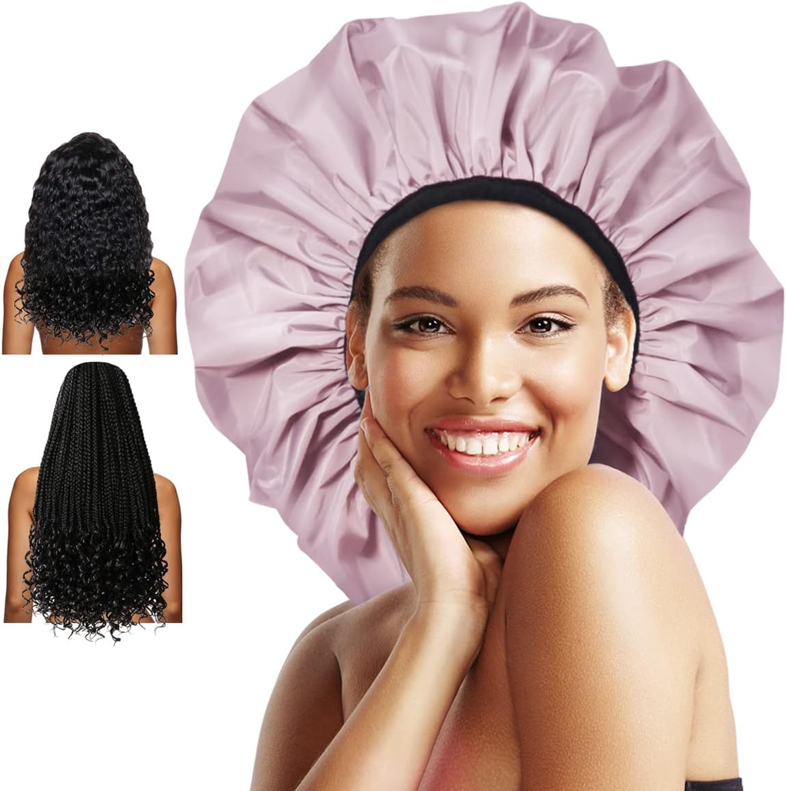 Extra Large Shower Cap for Braids,Double-Layer Waterproof Reusable Satin Lining Bonnet XL, For Women Thick, Long Hair, Locs, Braids(Pink)