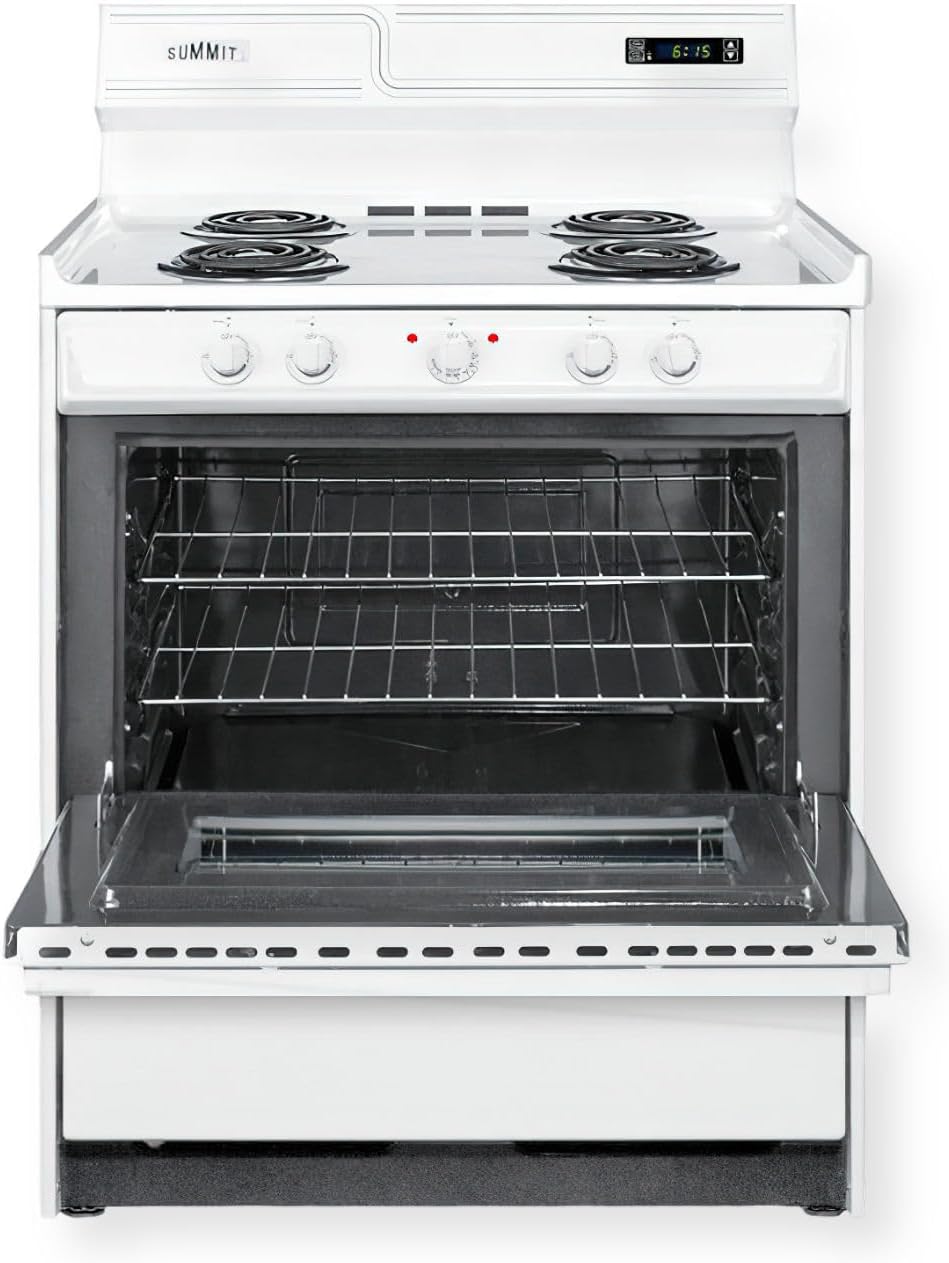 Summit Appliance WEM230KW 30" Wide Electric Coil Top Range, White; Upfront Controls; 4 Coil Elements; Push-to-turn Knobs; Indicator Lights; 3.7 cu.ft Oven; Digital Clock and Timer; Cord Not Included