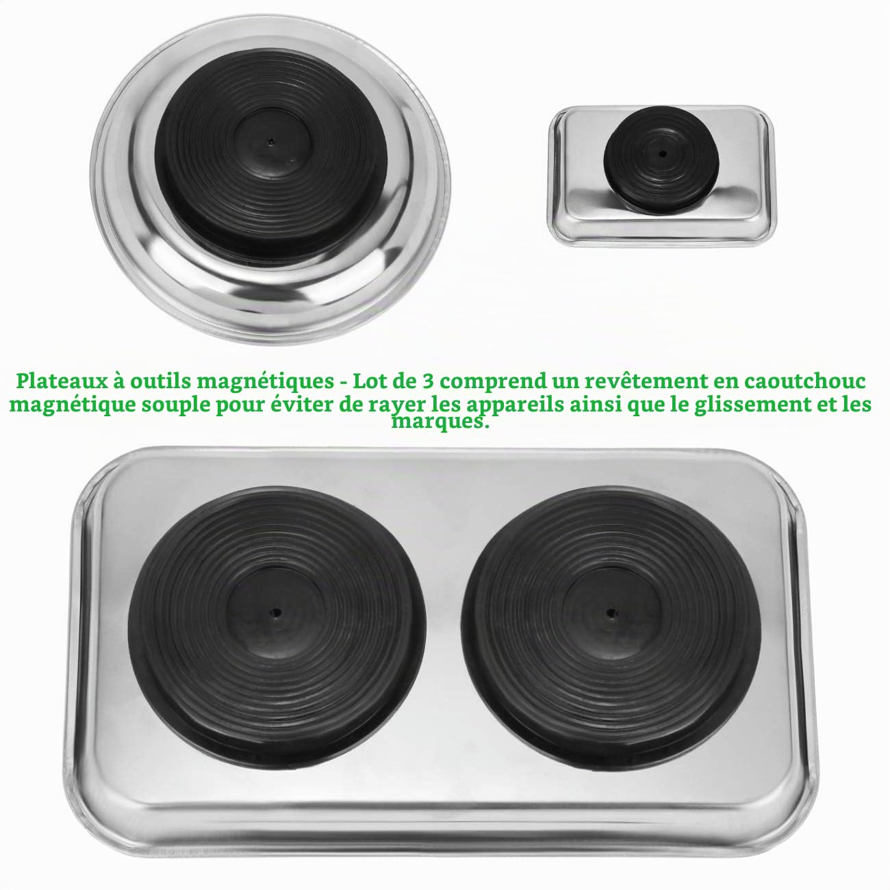 Lot de 3 boîtes à outils magnétiques en acier inoxydable pour maintenir les outils, vis, forets et clous, aimant haute performance et plateau à outils épais
