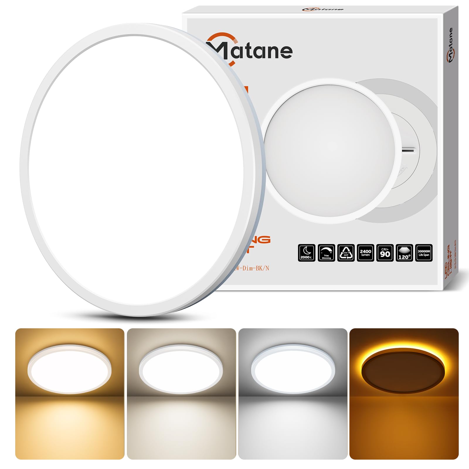 Matane 12in Dimmable Flush Mount Ceiling Light Fixture with Night Light, 2400LM 3000K/4000K/5000K Selectable, LED Ceiling Lights for Bedroom, Dining Room, Kitchen White