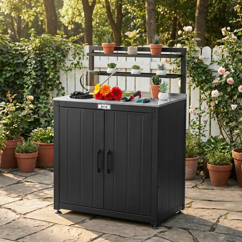 Feasto Gartenschrank wetterfest mit Edelstahl-Arbeitsplatte, 2 verstellbare Regalböden, Pflanztisch aus Metall für Gärten & Terrasse, 80x48x113 cm