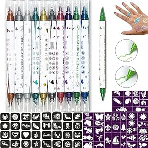 Temporary Tattoo Markers for Skin, 10 Colors Body Markers tattoo Pen + 72 Paint Stencils, Metal Color Double ended thick and thin Tattoo Pen Removable Fake Tattoos Kit for Kids Teens and Adult