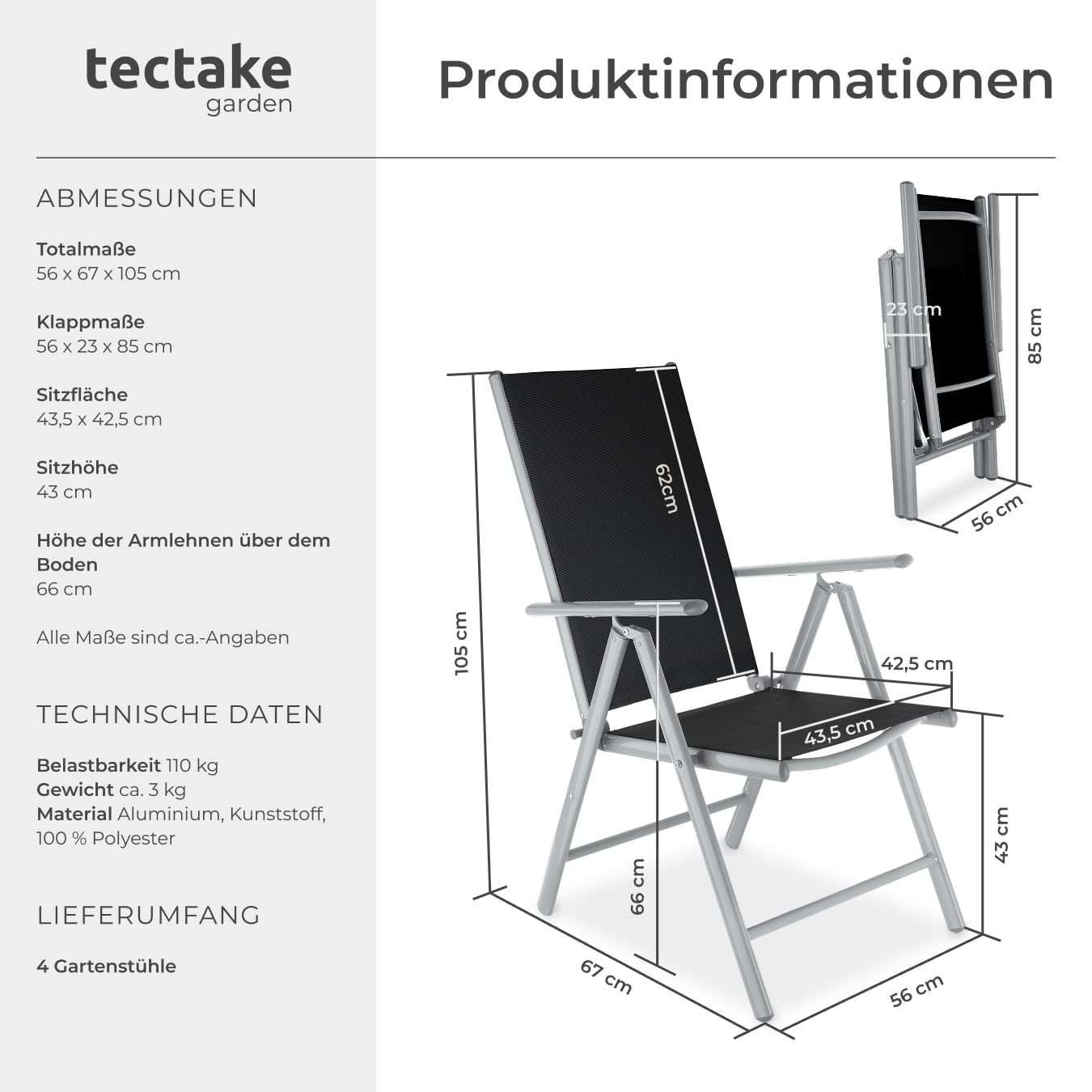 tectake® Aluminium Gartenstuhl 4er Set, Klappstuhl mit 7-Fach Verstellbarer Rückenlehne, Hochlehner mit Armlehnen, Gartenmöbel Set mit 4 Stühlen, für Garten Balkon Terrasse Camping, Silber