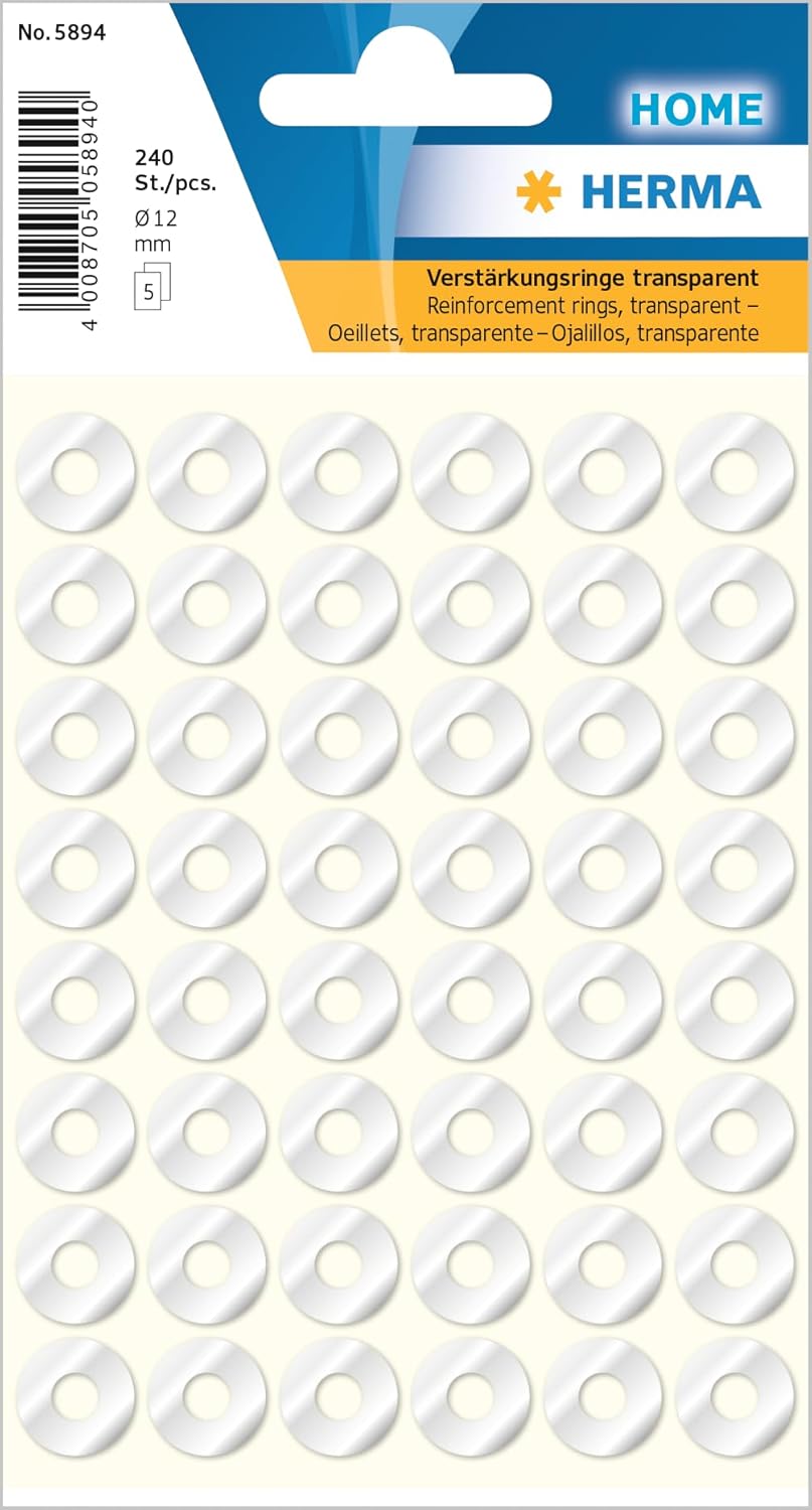 Herma 5894 Hole Reinforcement Rings Clear, 240 Labels, Ø 12 mm, 48 Labels per Sheet, Self Adhesive Hole Reinforcer Stickers, Sticky Hole Punch Reinforced Ring Stickers