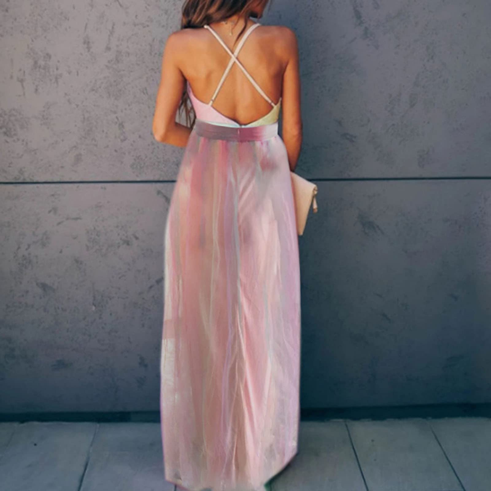 Generisch Abito premaman da donna, a vita alta, con motivo arcobaleno, elasticizzato, con bretelle, tinta unita, rosa, ideale per gravidanza e occasioni speciali