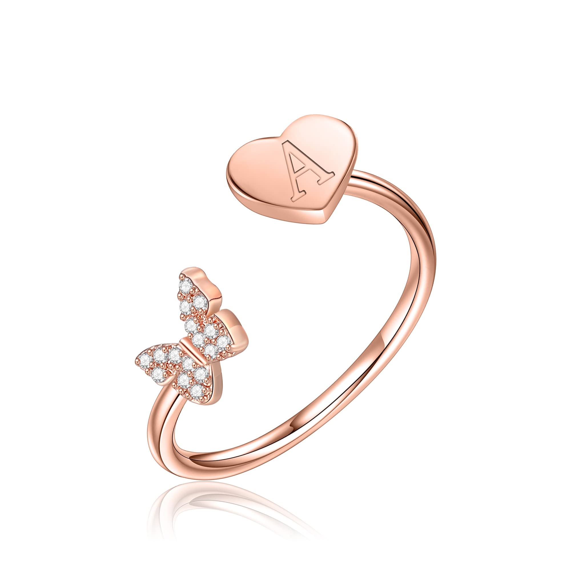 papasgix Stackable Initial Rings, Rose Gold Butterfly Rings Heart Letter Rings Adjustable Open Rings Jewelry Birthday Gifts