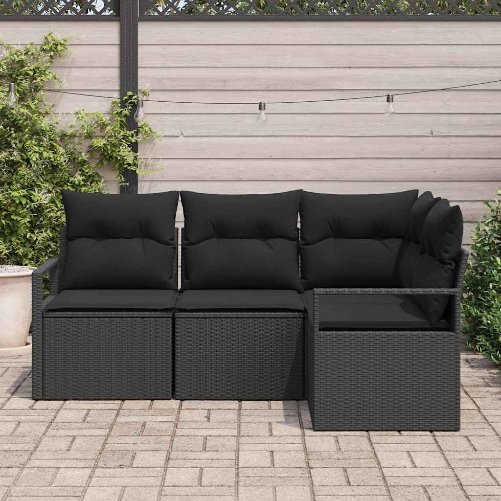 Sofa zestaw 4-częściowy, czarny, polirattanowy do ogrodu i na taras, modułowa sofa na zewnątrz, odporna na warunki atmosferyczne meble tarasowe z miejscem do przechowywania