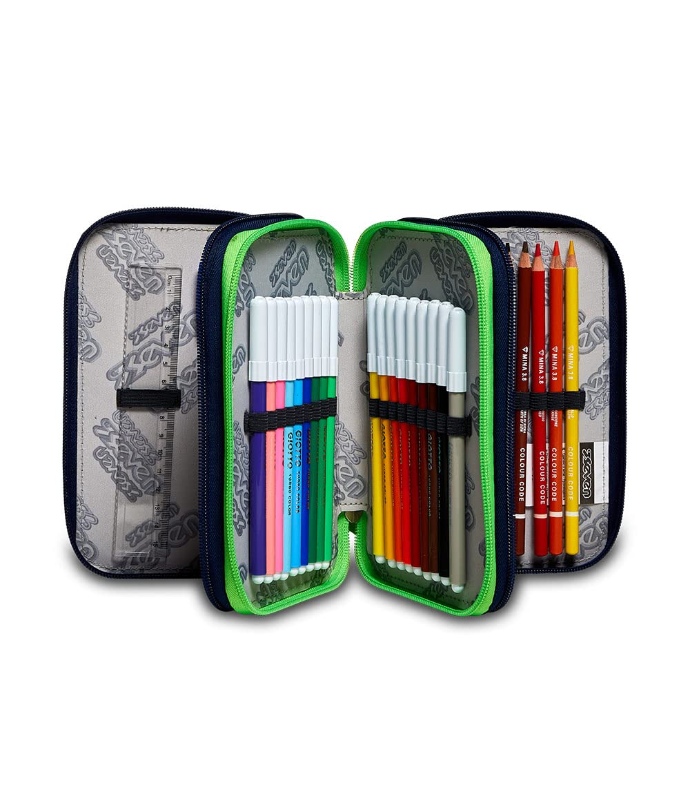 Seven Astuccio Scuola Elementare, 3 scomparti, Medie, con Matite, Pennarelli, Penne, 3 Zip, Blue Camo boy, Bambino e Ragazzo, blu