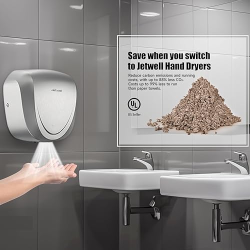 Miniatura 5 de JETWELL Paquete de 2 secadores de manos comerciales aprobados por UL, filtro HEPA de alta velocidad, automático, viento cálido, cubierta de acero