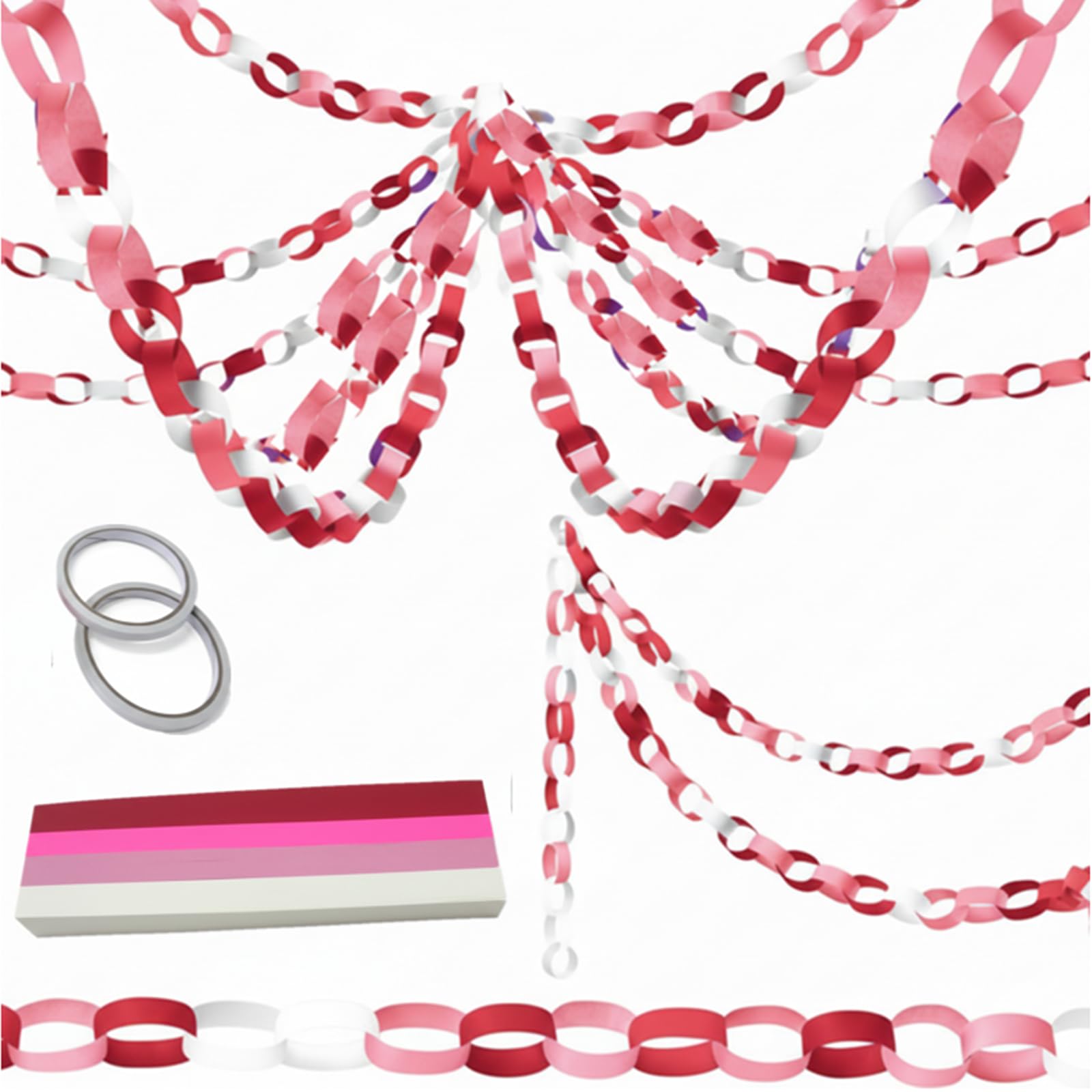 Lincia 600 Sheet Valentine Paper Chain Garland, Construction DIY Crafts Chain Strip for Winter Holiday Party Decor, 1x8 Inch with Double Sided Tape (Pink Gradient)