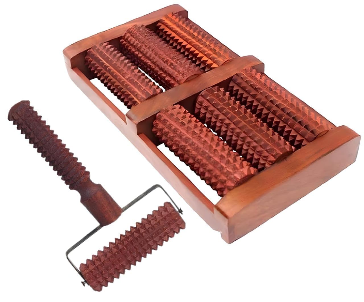 "Crystal Wooden Foot Massager 6 Rollers - 12" Multi Roller & Wooden Cutter Hand/Leg T Massager Rosewood Unisex Acupressure Massager for Full Body Pain Relief & Blood Circulation Improvement"(Set Of 2)