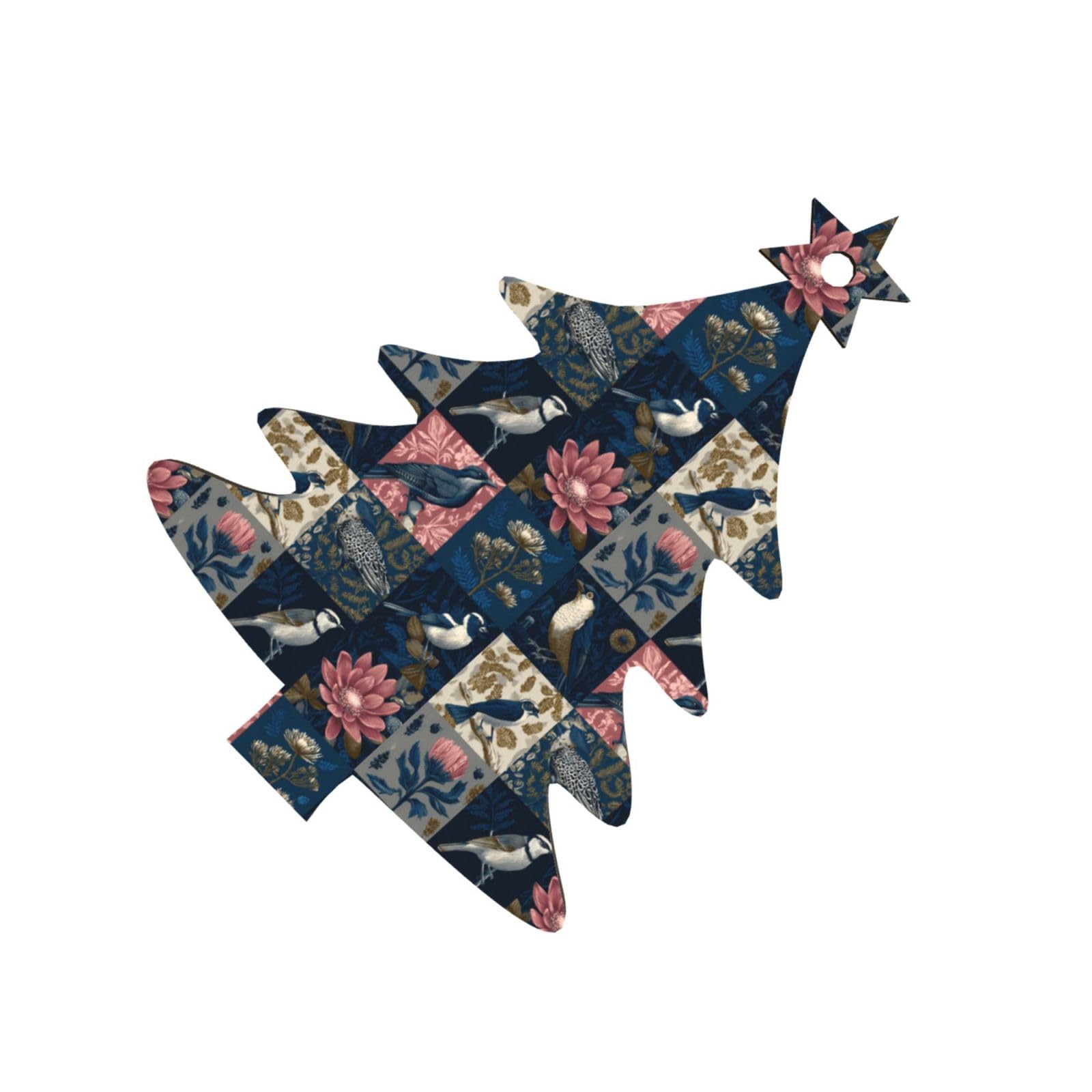 Skandinavische Weihnachts-Holzornamente mit Vogel- und Blumenmuster, 4 Stück, Set mit 6 natürlichen Holzdesigns für gemütlichen, rustikalen Weihnachtsbaum und Zuhause