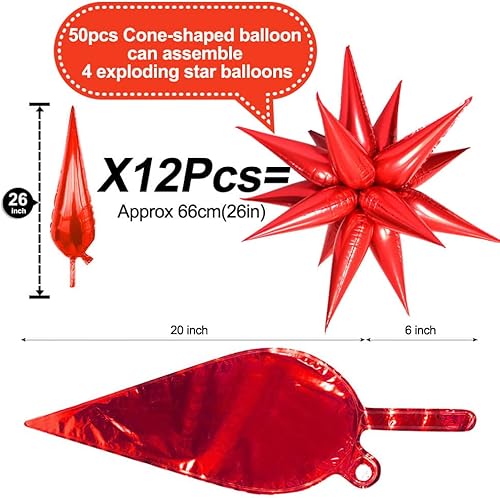 Miniatura 2 de 50 globos de papel de aluminio rojo con forma de cono de estrella grande de 26 pulgadas, globos de Mylar de estrella de explosión roja de 12 puntos