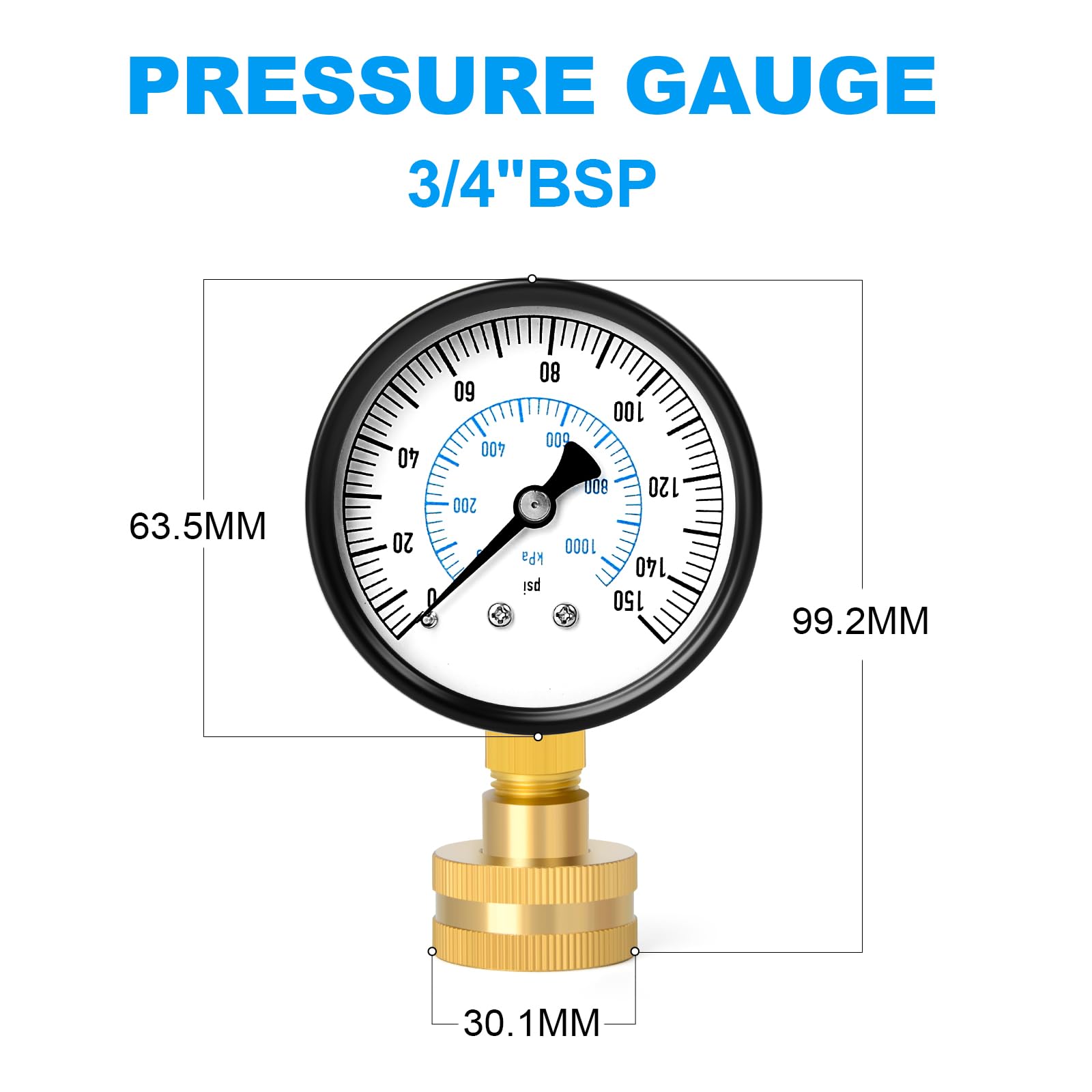 0-7 bar (0-100 Psi) 2-calowe stalowe podwójne manometry testowe z podziałką, połączenie BSP 3/4", dokładność -3-2-3%.