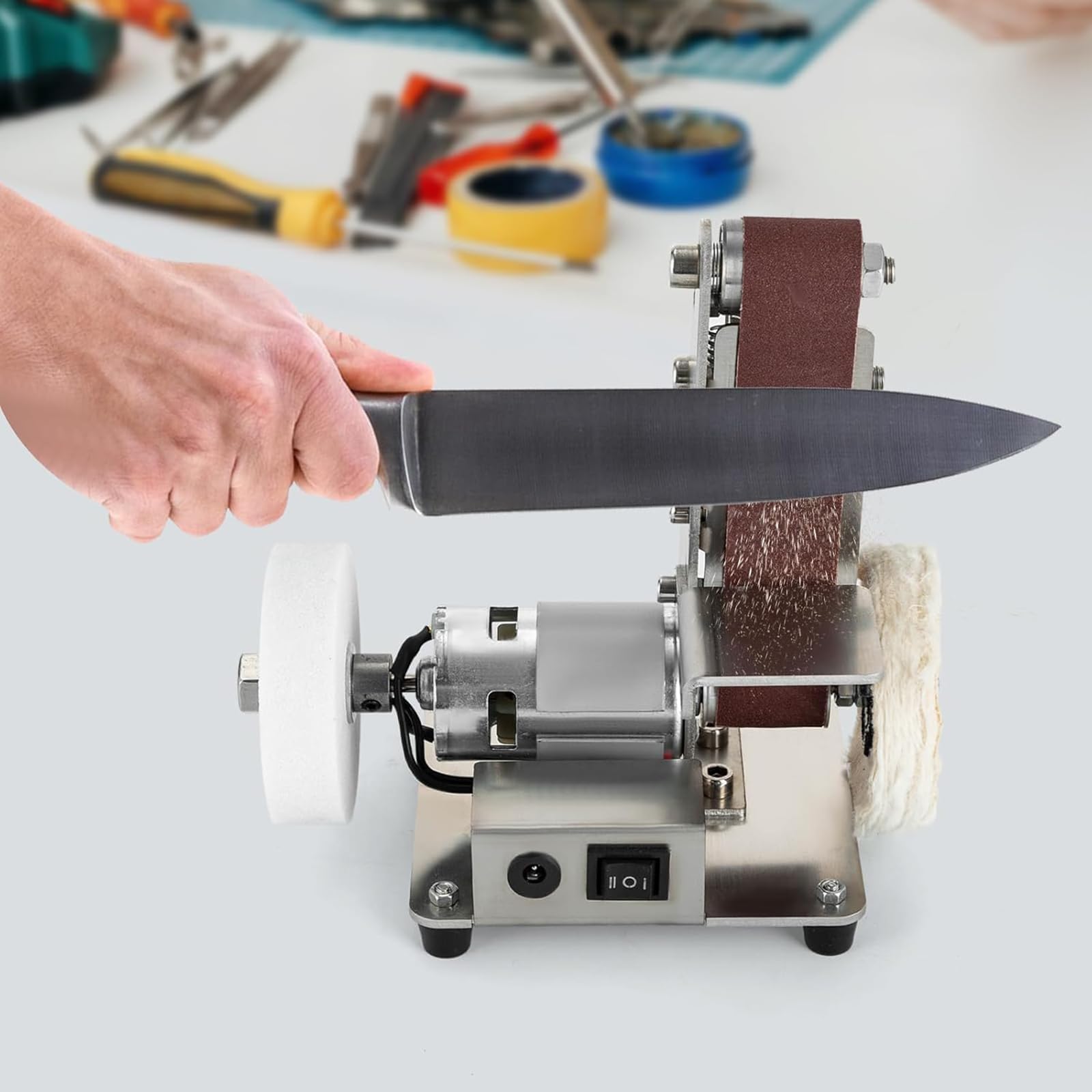 Smerigliatrice professionale da banco e levigatrice da 370 W con controllo della velocità variabile, rettificatrice multifunzione con interruttore di inversione per metallo, legno e affilatura