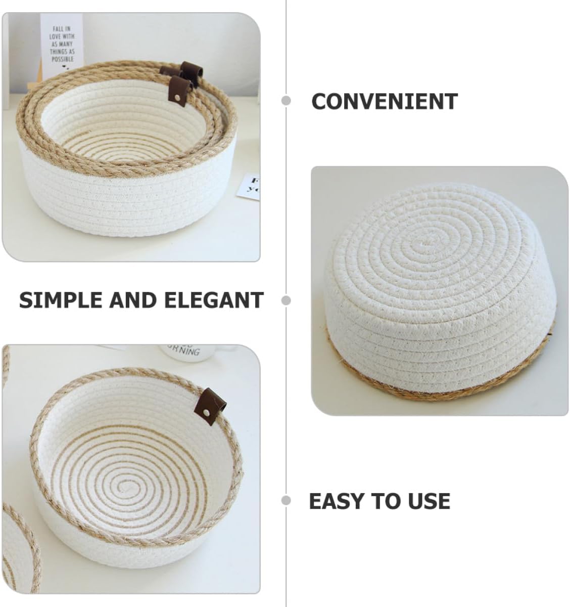 Woven Rope Storage Basket Set of 3, Cotton Linen Blend Rope Handles, Medium and Small Sizes for Home Organization, Tabletop Makeup and Key Holder Baskets, Cream and Yellow Color