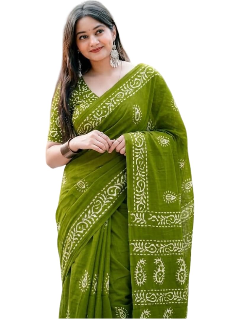 Women's Pure Cotton Printed Saree with Traditional Batik Inspired Border Design, Soft Lightweight Daily Wear Saree with Unstitched Blouse Piece for Festive, Casual and Office Wear-image-40