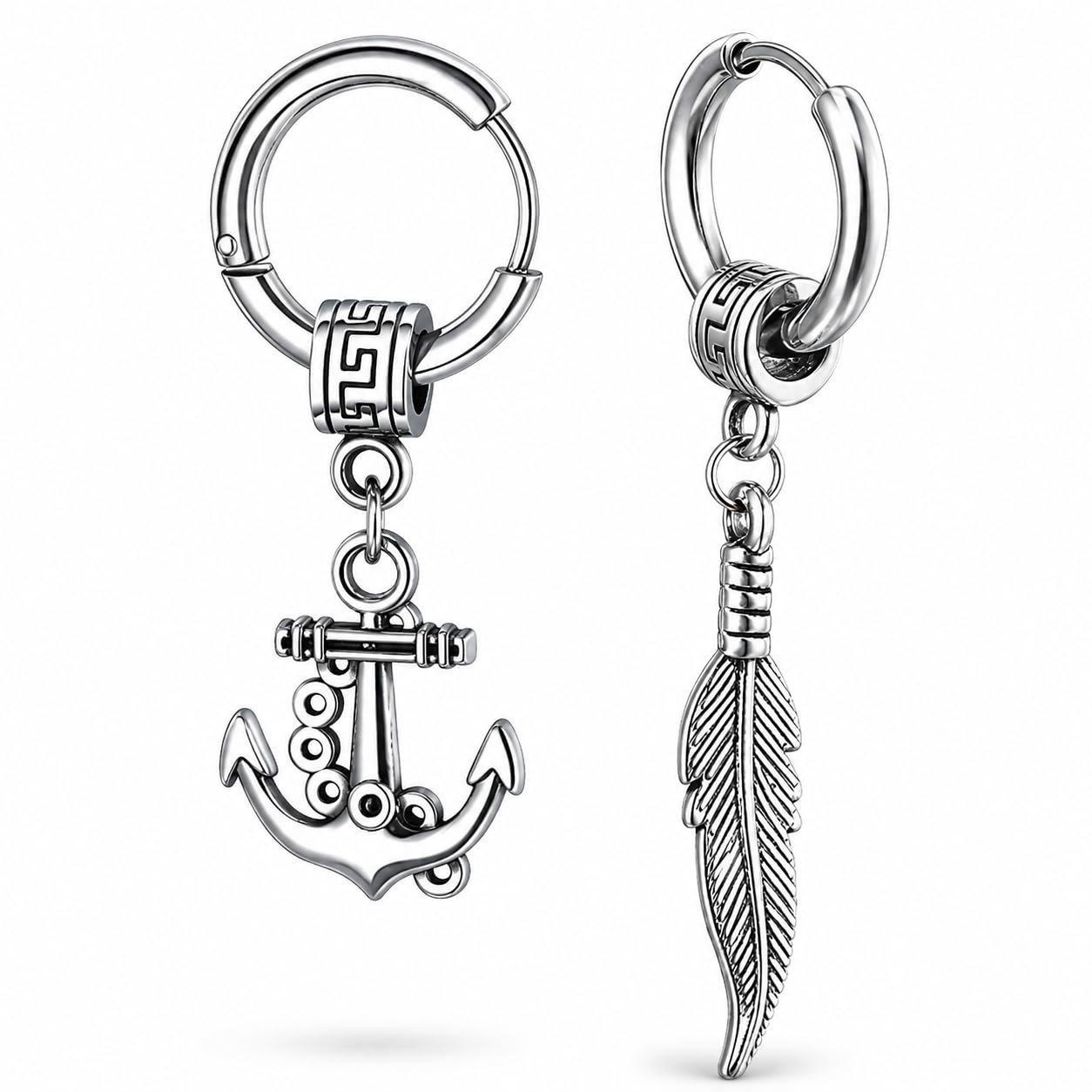 M Men Style Men Wheel Ship Anchor Ship with Feather Ring Long Chain Silver Stainless Steel Hoop Earrings-image-6