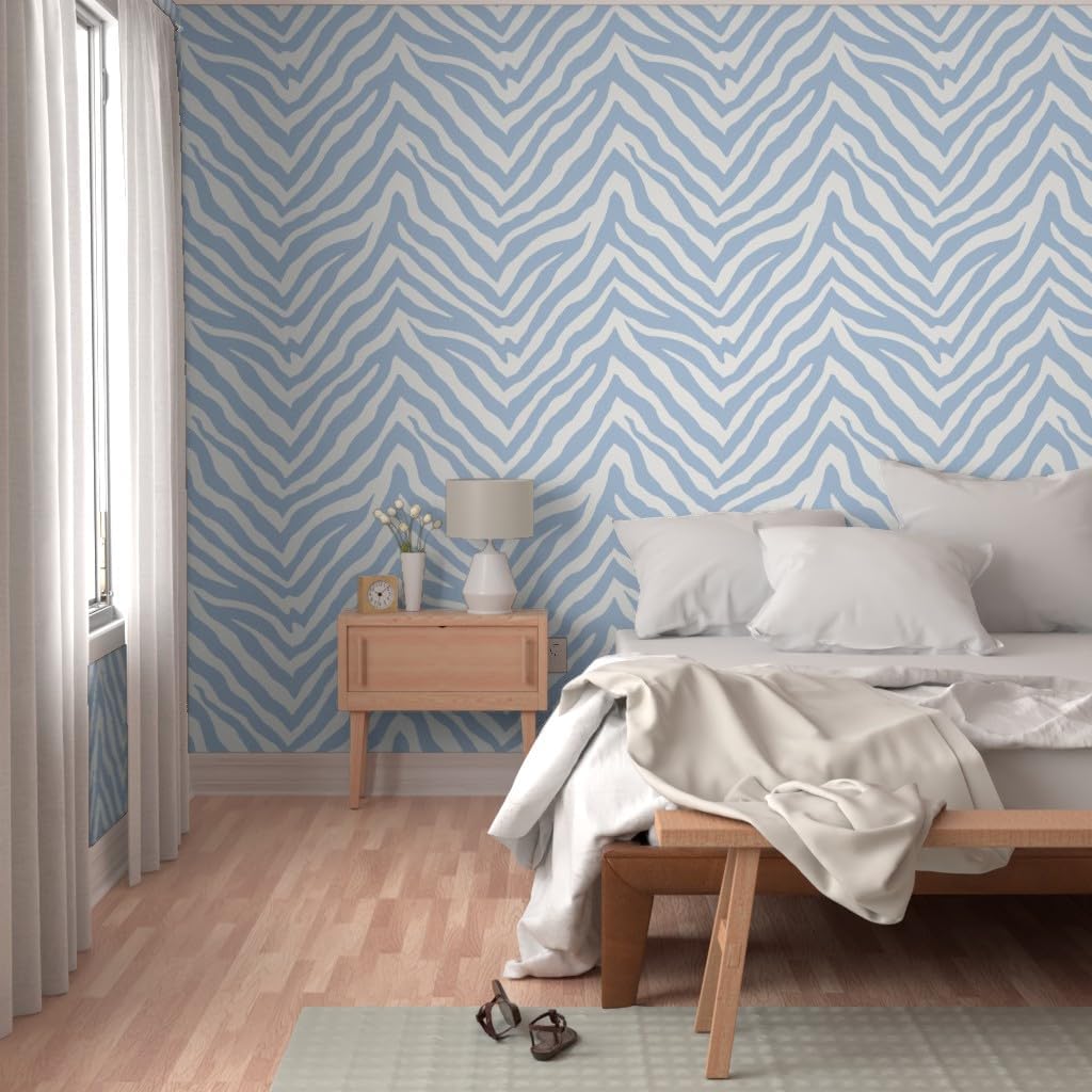 Peel & Stick Wallpaper Swatch - Ligh Blue Zebra Stripe Large Scale Animal Print Tropical Custom Removable Wallpaper by Spoonflower