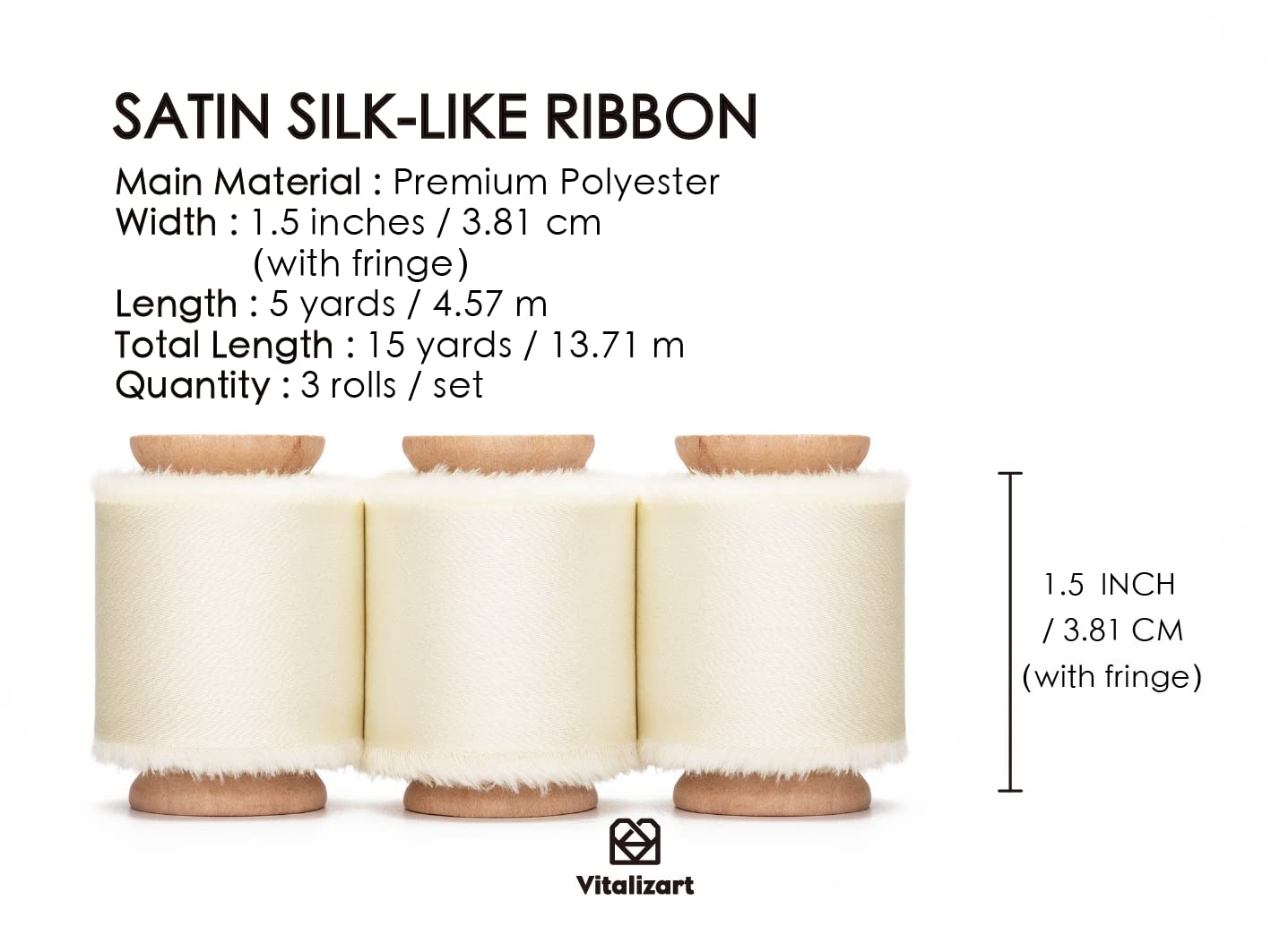Vitalizart Cream White Silky Satin Ribbon, 1.5'' x 15 Yard with Wooden Spool - Image 2