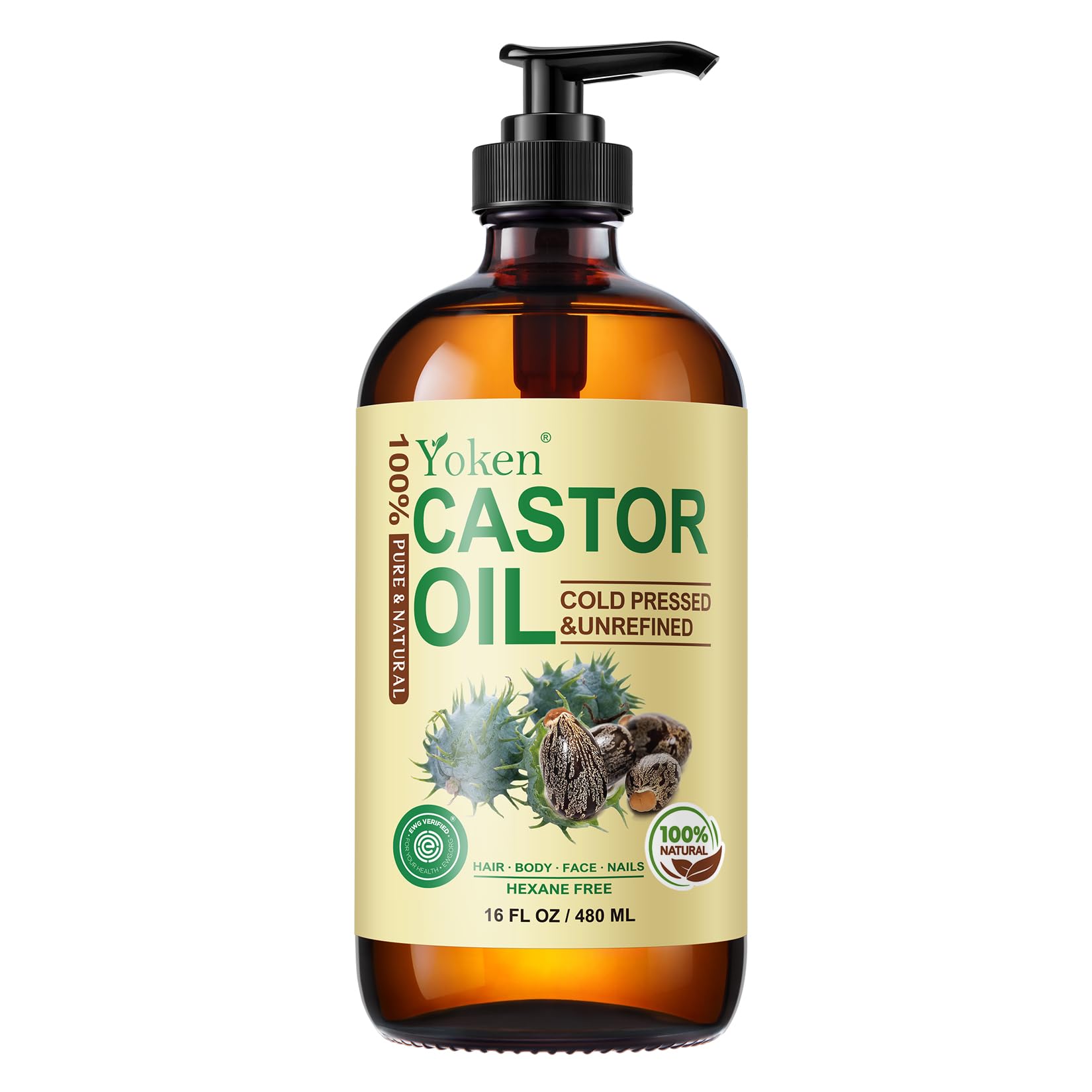 Yoken EWG Organic Castor Oil 16oz Cold Pressed Hexane Free for Hair Skin | USDA 100% Pure Natural Unrefined Extra Virgin Oil Glass Bottle Pump Rich in Fatty Acids for Body Face Nails Nourishing Care USDA Organic EWG Verified