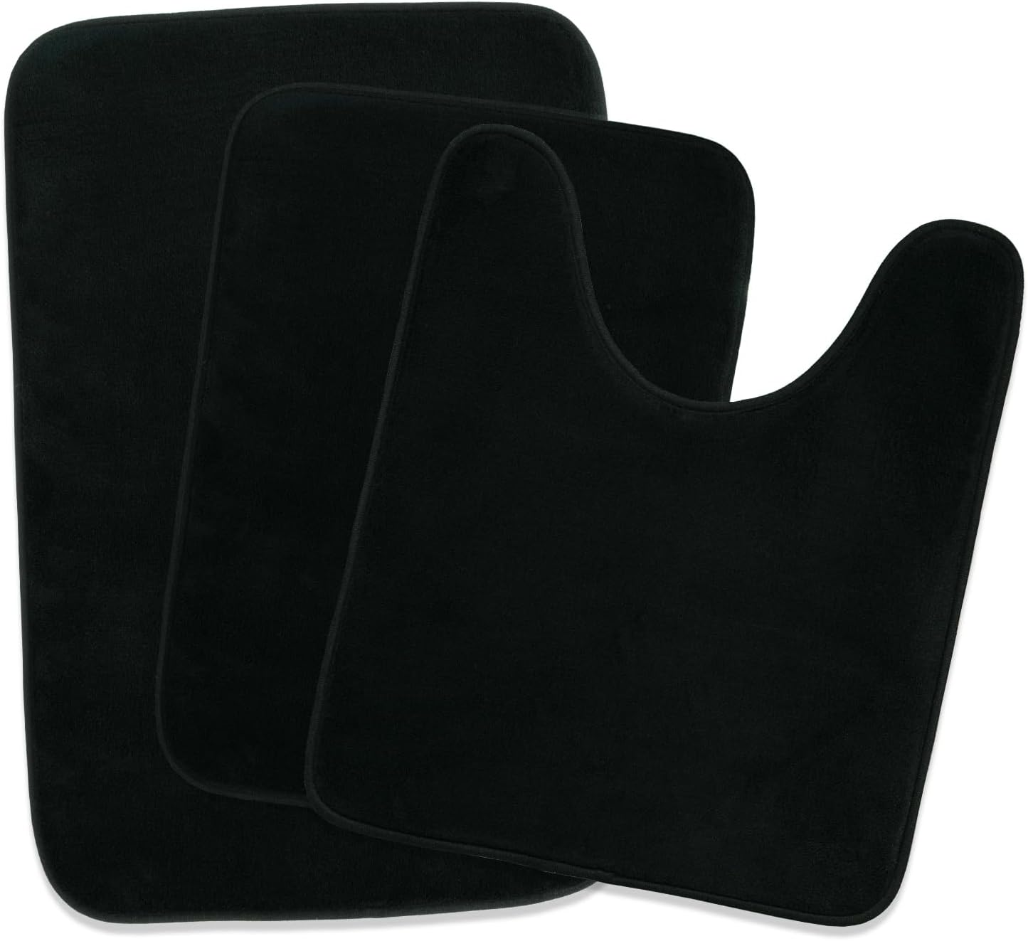 Memory Foam Bath Mat Rug 3 Piece Set, Super Absorbent, Strong PVC Non Slip Backing, Bath mats for Bathroom, Plush Shaggy, Thick, Machine Washable, Bathtub, Shower, Toilet, Black