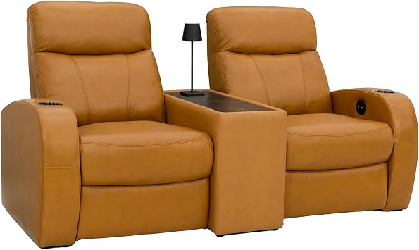 Seatcraft Rialto Tan Oak Italian Leather Home Theater Seating, Power Recliner Chair with Wireless Charging Console Table, Lounge Sofa for Family Living and Cinema Room, Row of 2