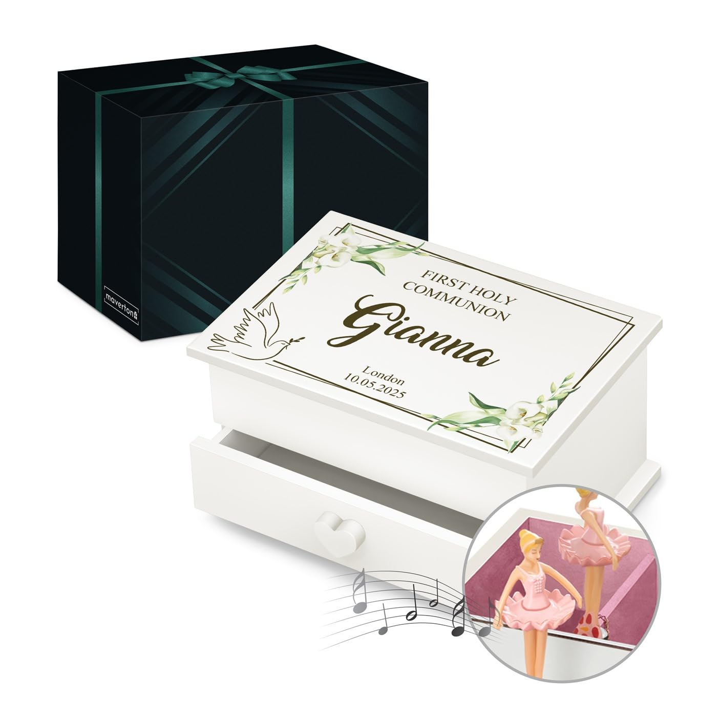 Maverton Personalised Ballerina Box for little princess - Treasure Box with Drawer for girl - Wooden Jewellery Box with overprint - Customised White Organiser for Birthday for her - Dove