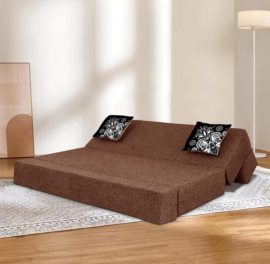Image of Rosebell Two Seater Sofa Cum Bed | Jute Fabric Washable Cover | with Cushions Perfect for Guest | Brown-Color | 4' X 6' Feet