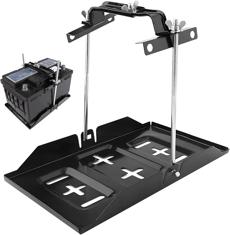 Suporte universal de armazenamento de bateria, kit de bandeja de bateria de metal com braçadeira de suporte ajustável, bandeja de bateria retangular para carros barcos, suporte de bateria