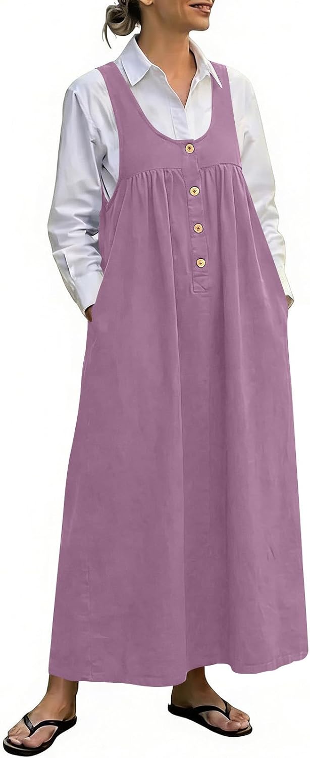 Summer Dresses for Women Casual Button V Neck Pleated Long Dress Boho Overall Dress Cover up with Pockets