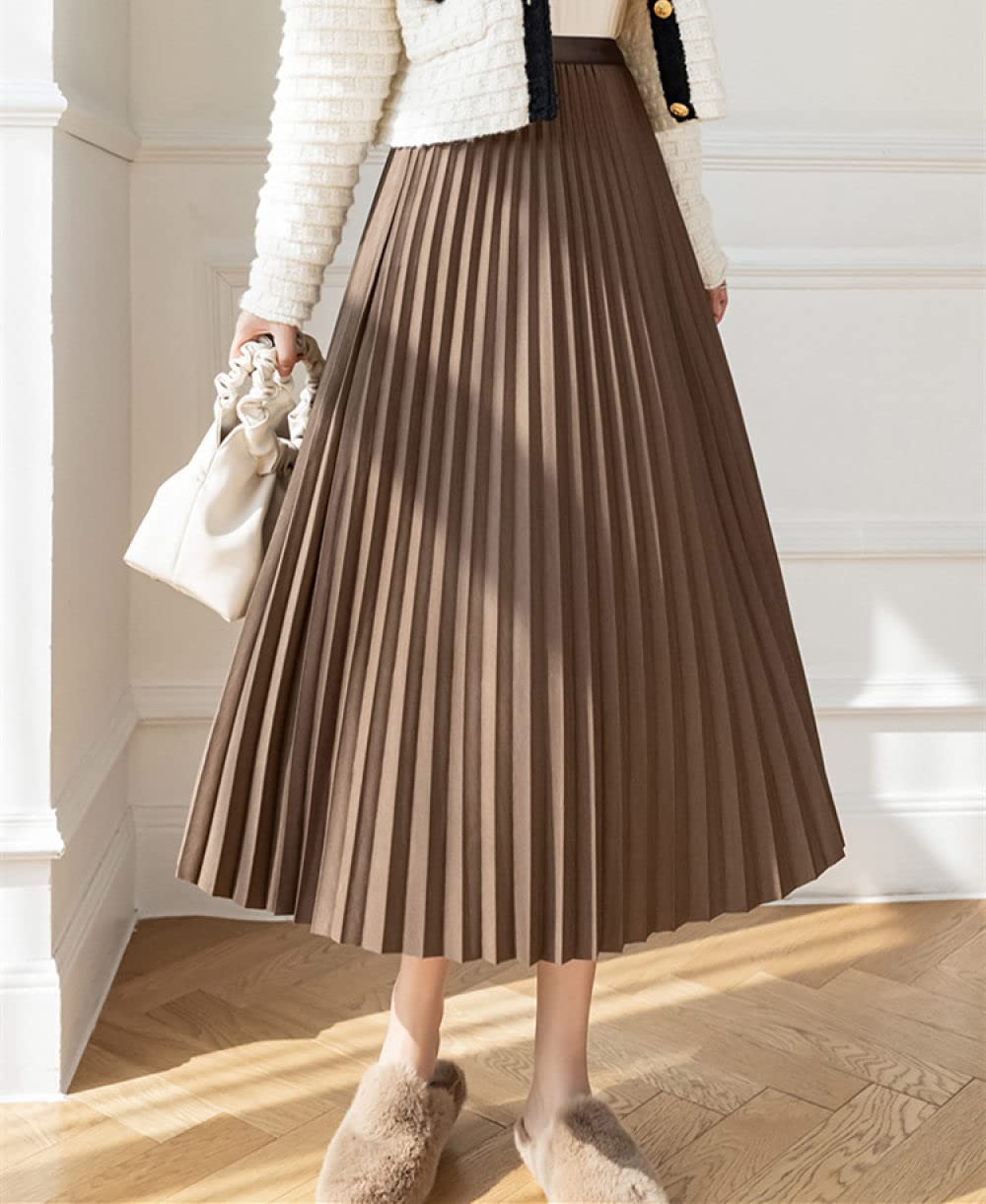 Faldas De Invierno para Mujer, Elegantes Faldas Plisadas De Color Marrón para Mujer, Cintura Elástica, Falda Midi Fluida De Talle Alto, Falda Fruncida, Falda De(S)