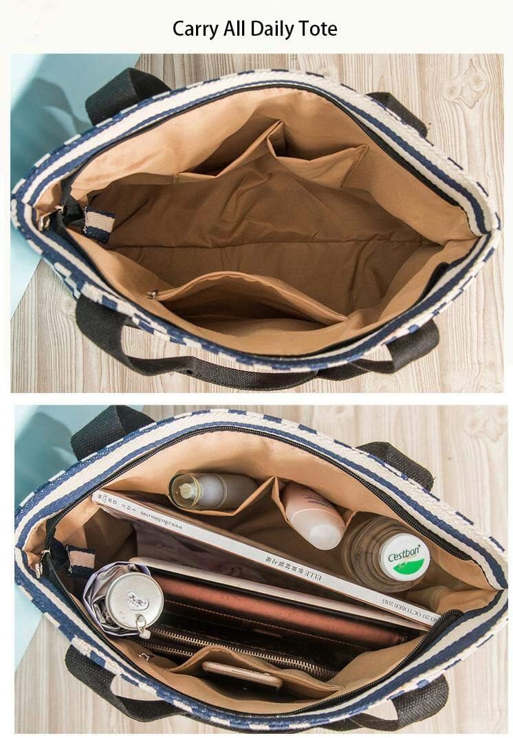 Canvas Tote Bag for Women, Striped Shoulder Handbag With Multi-Pockets & Zipper, Daily Purse for Work, Tavel, Gym